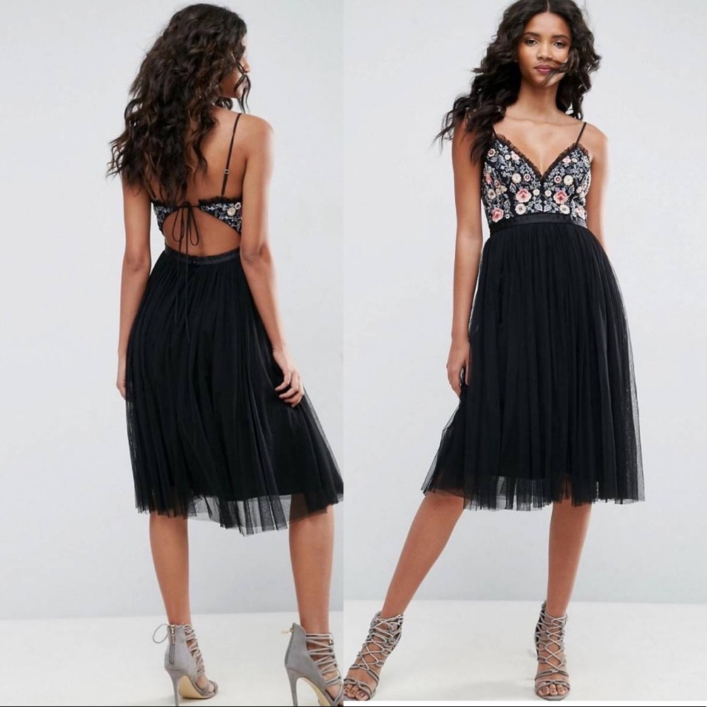 Needle & Threads Black Whisper Embroidered Tulle Midi Dress